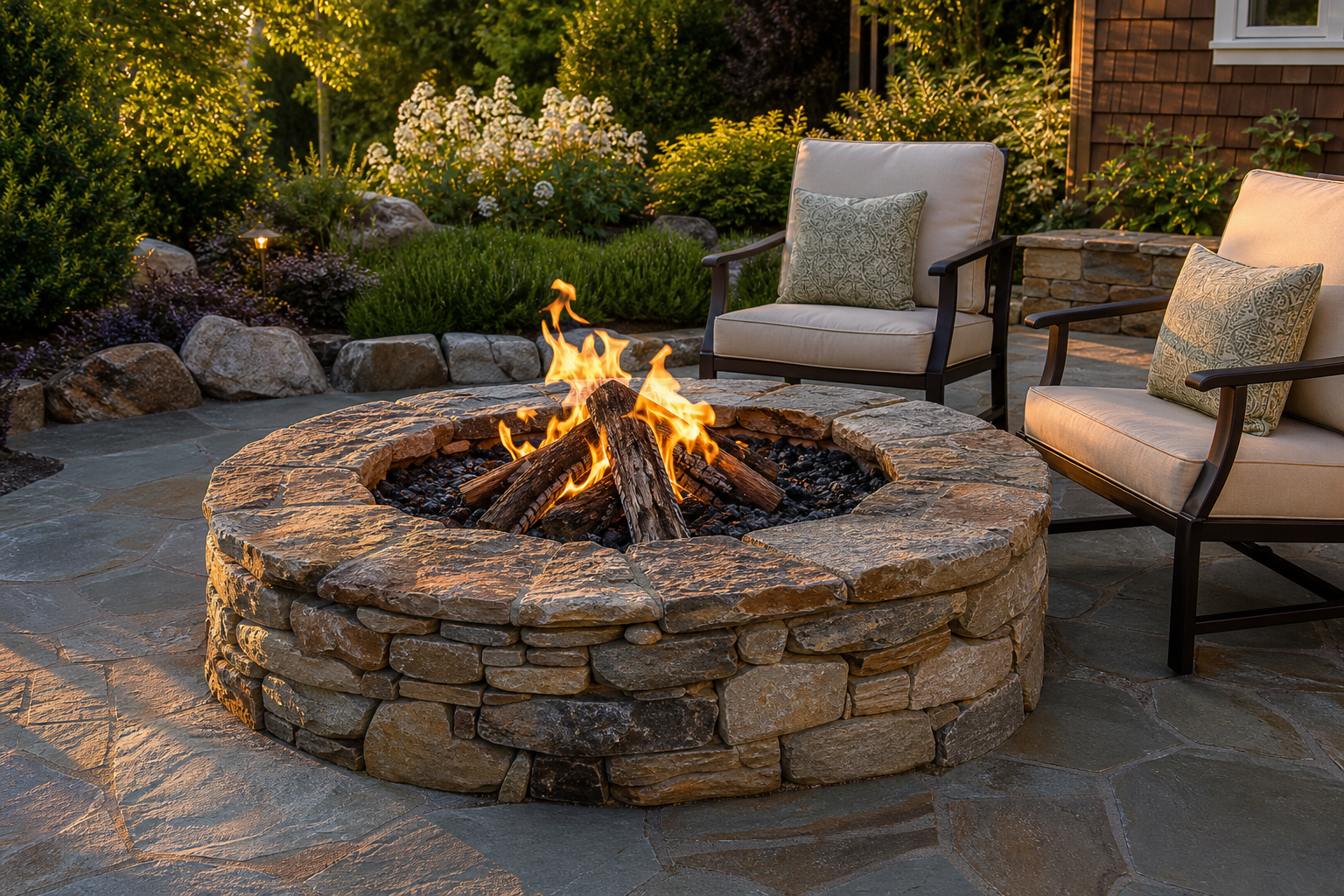 A stone fire pit with a burning fire is surrounded by two cushioned chairs on a stone patio, with green plants and flowers in the background.