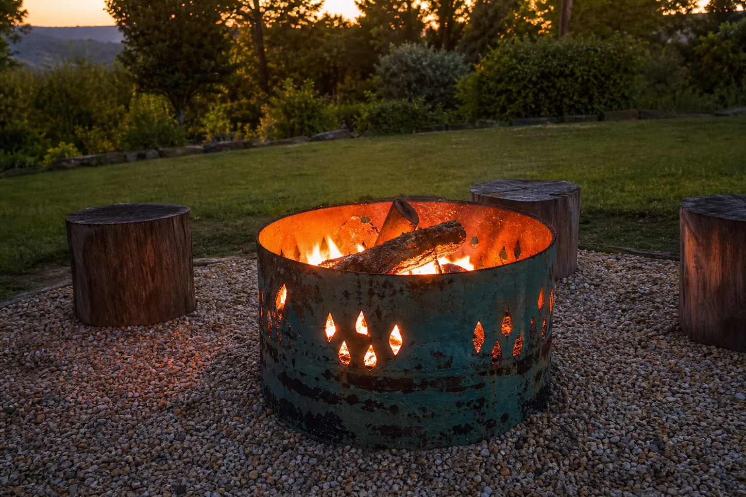 A metal fire pit with burning logs is surrounded by tree stump seats on gravel in a grassy yard at sunset.