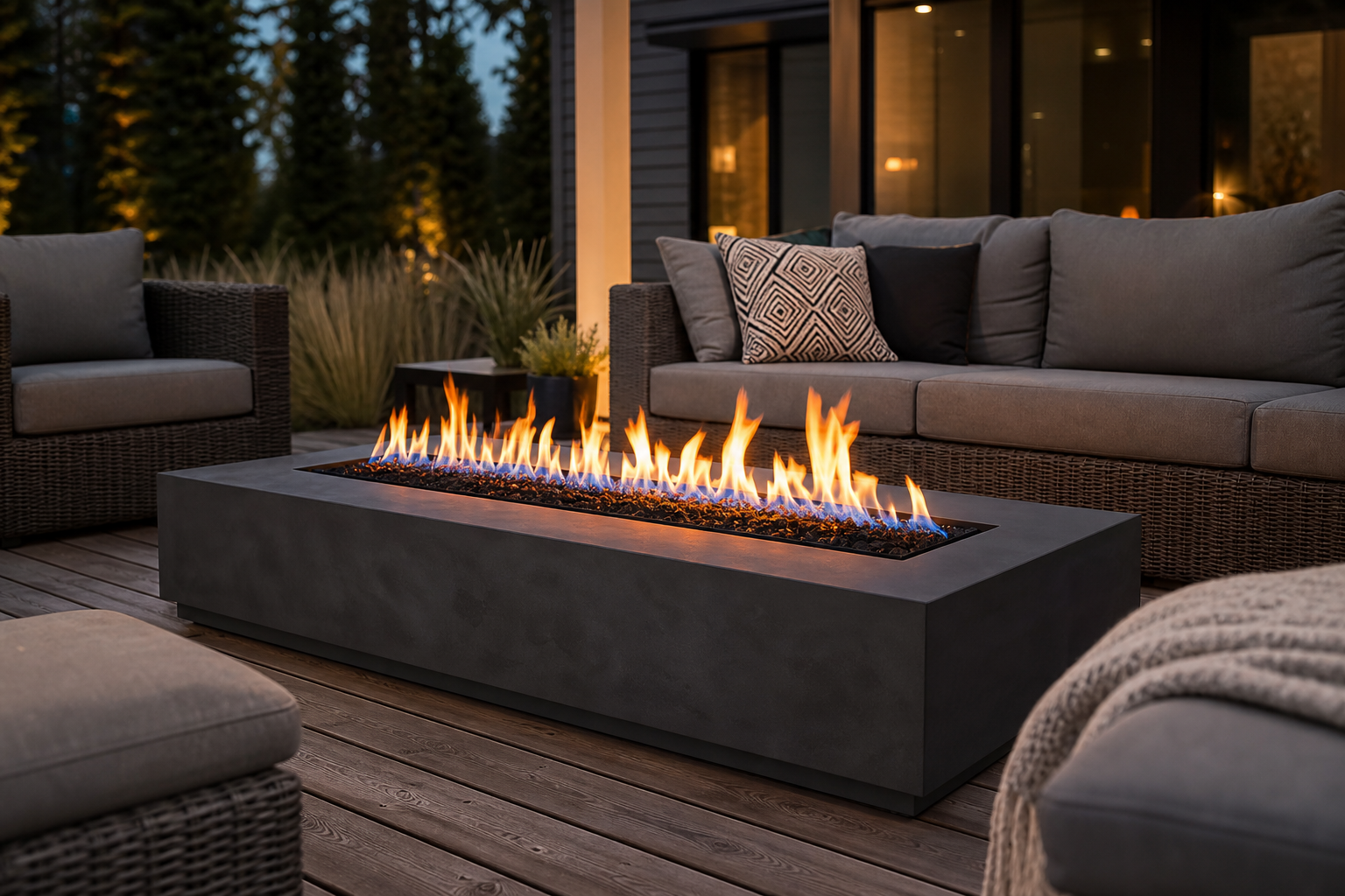 Modern outdoor patio with gray wicker sofas and cushions surrounding a rectangular gas fire pit with bright flames, set on a wooden deck, and greenery in the background.