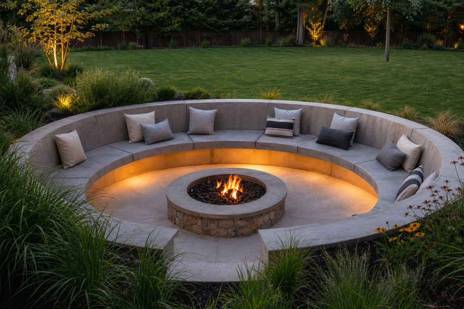 Circular sunken outdoor seating area with built-in concrete benches, cushions, and a central fire pit, illuminated by warm lights, surrounded by landscaped garden and lawn.