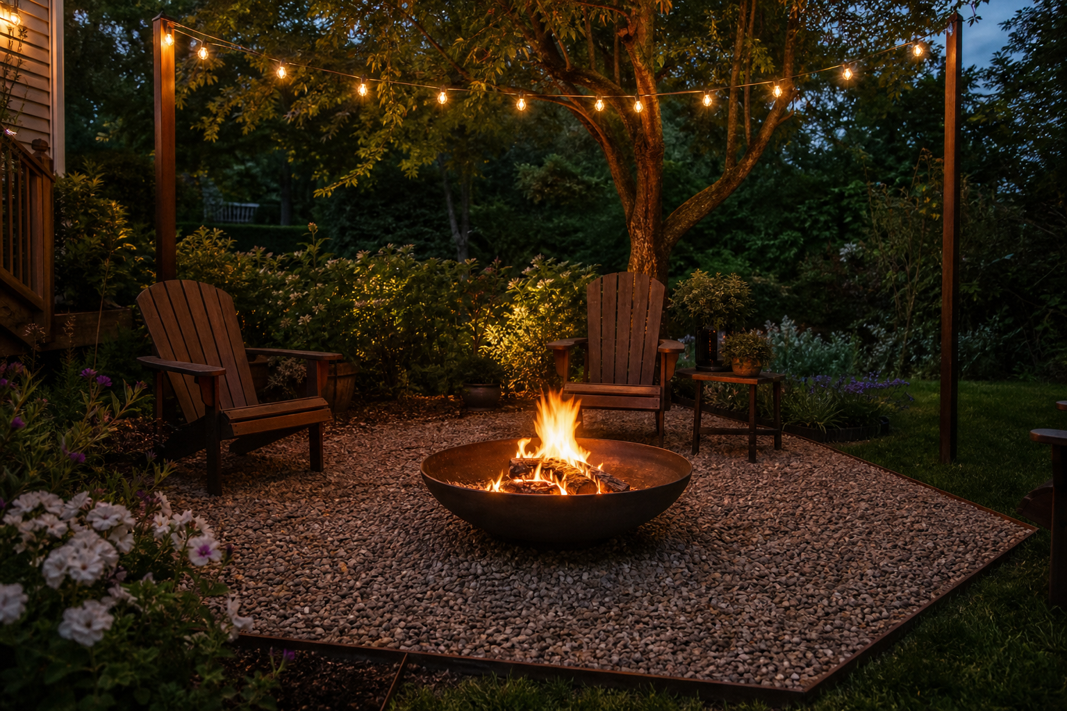 A backyard patio with Adirondack chairs surrounds a fire pit on gravel, with string lights overhead and trees and plants in the background at dusk.