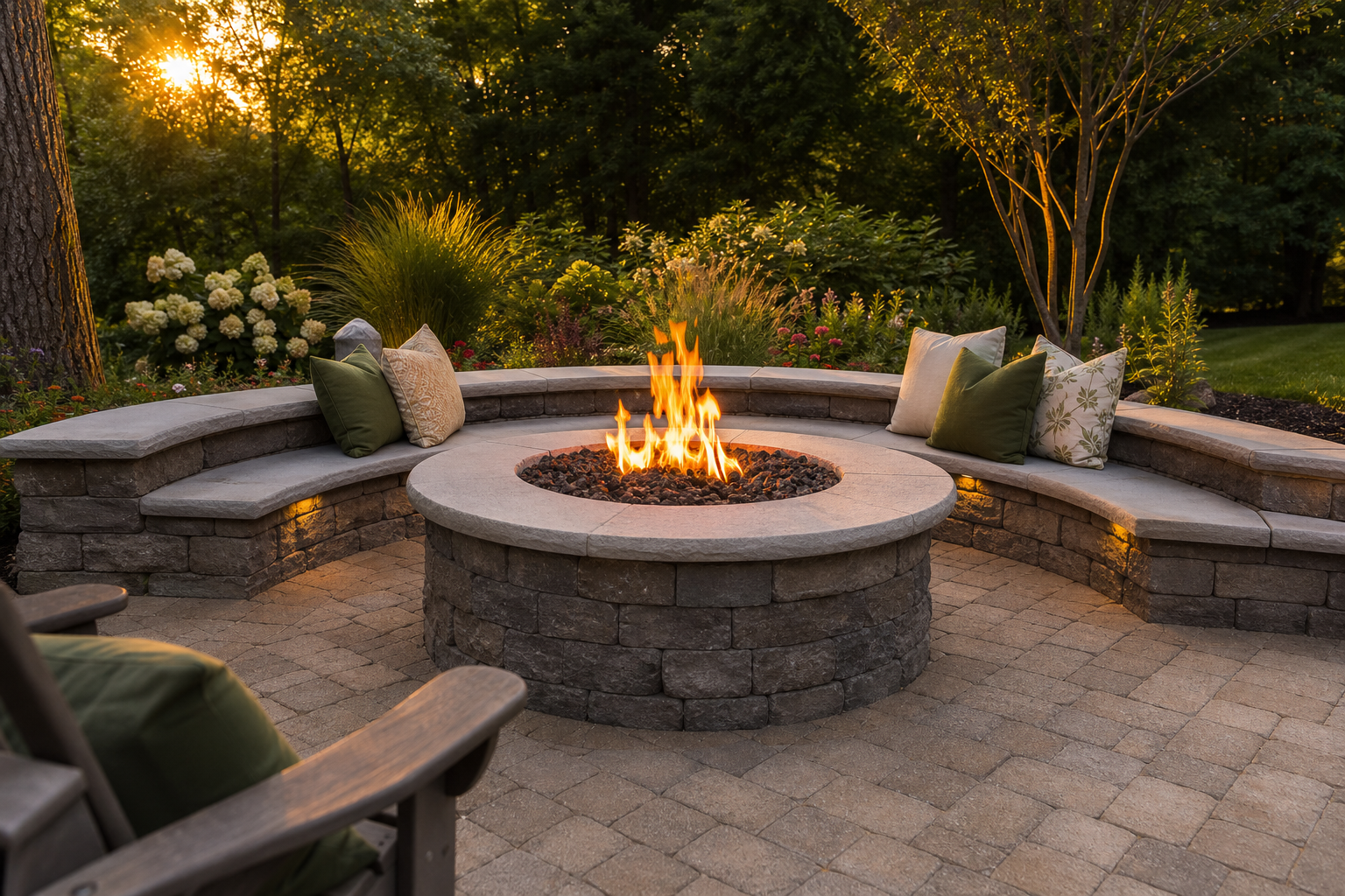 Circular stone fire pit with flames, surrounded by curved stone bench seating with cushions, set on a paved patio in a landscaped garden at sunset.