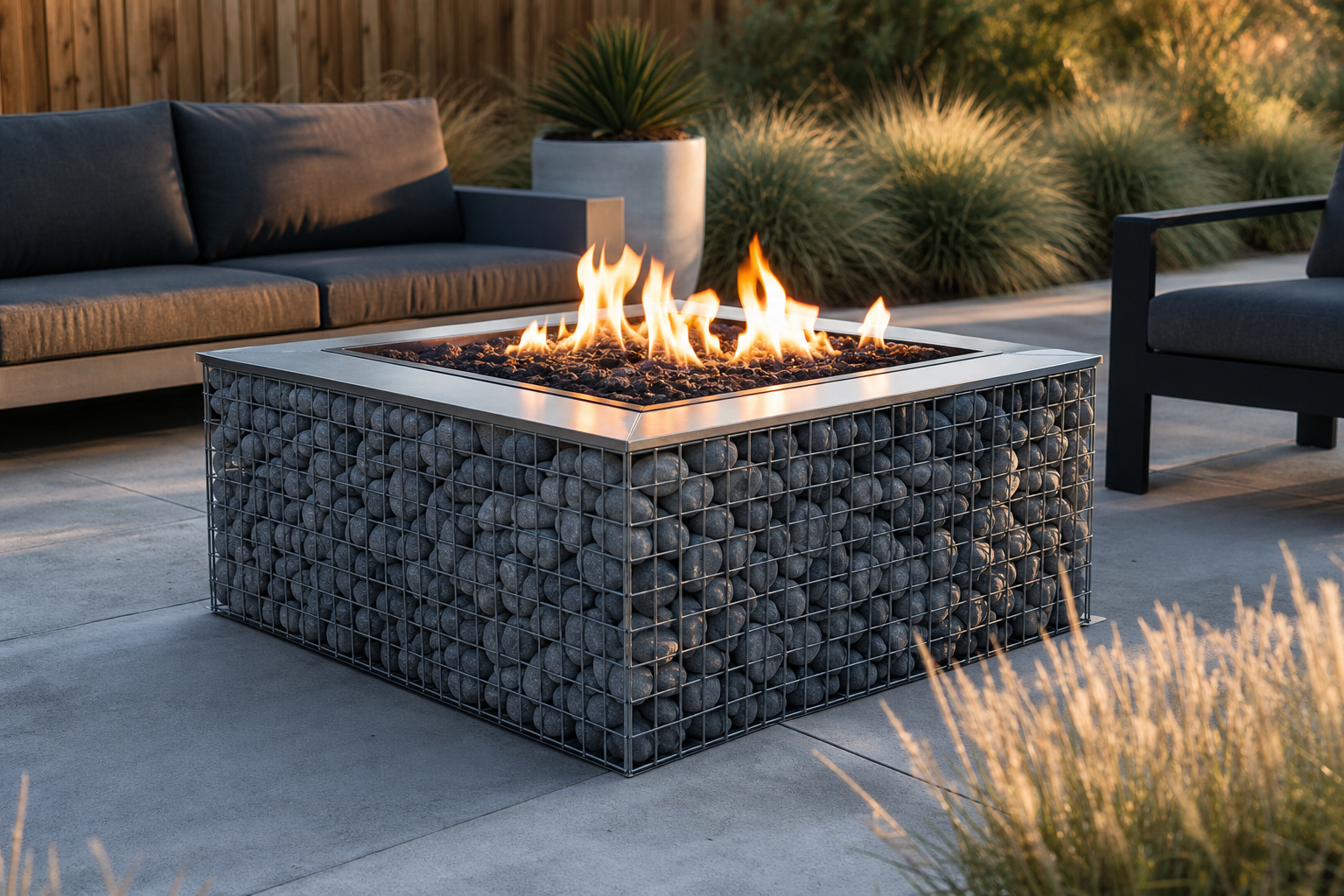 A square outdoor fire pit with a metal and stone design is lit on a patio, surrounded by modern outdoor seating and landscaping.
