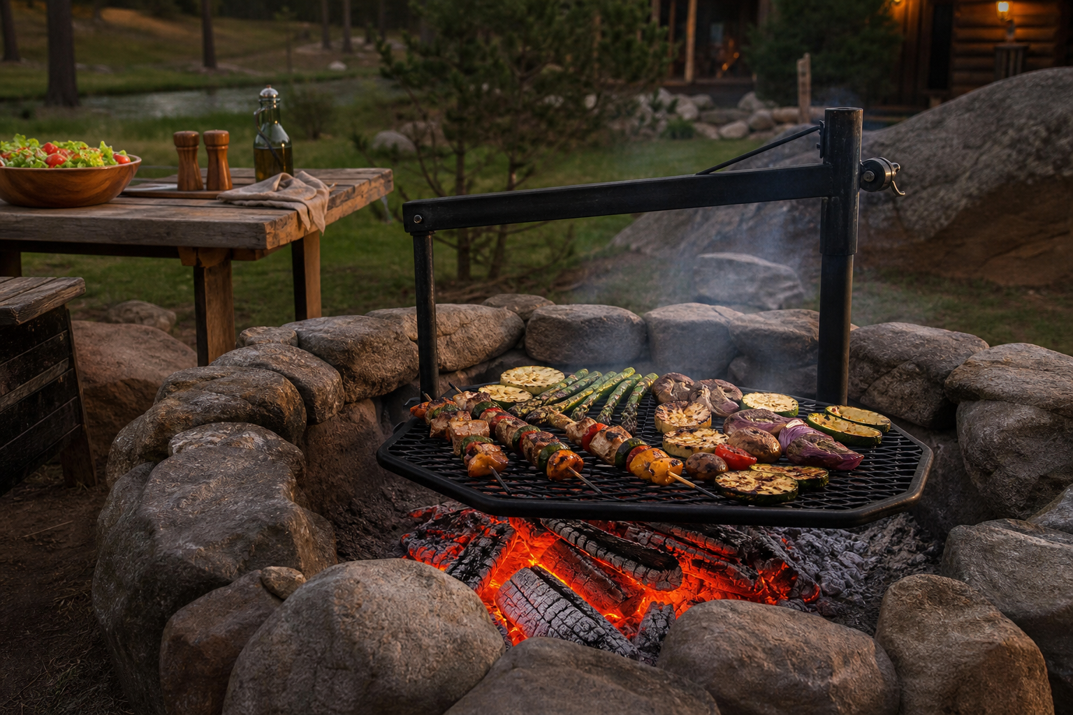 Vegetables and meat skewers grill over an open fire pit surrounded by stones, with a table holding salad, oil, and utensils in a grassy outdoor setting.