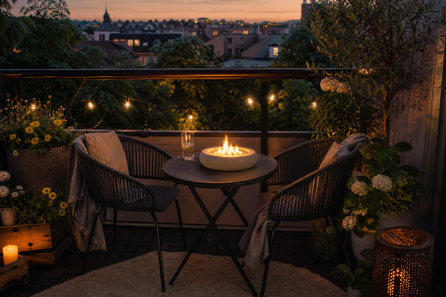 A small balcony with two chairs, a round table with a tabletop fire pit, string lights, plants, and a cityscape at sunset.