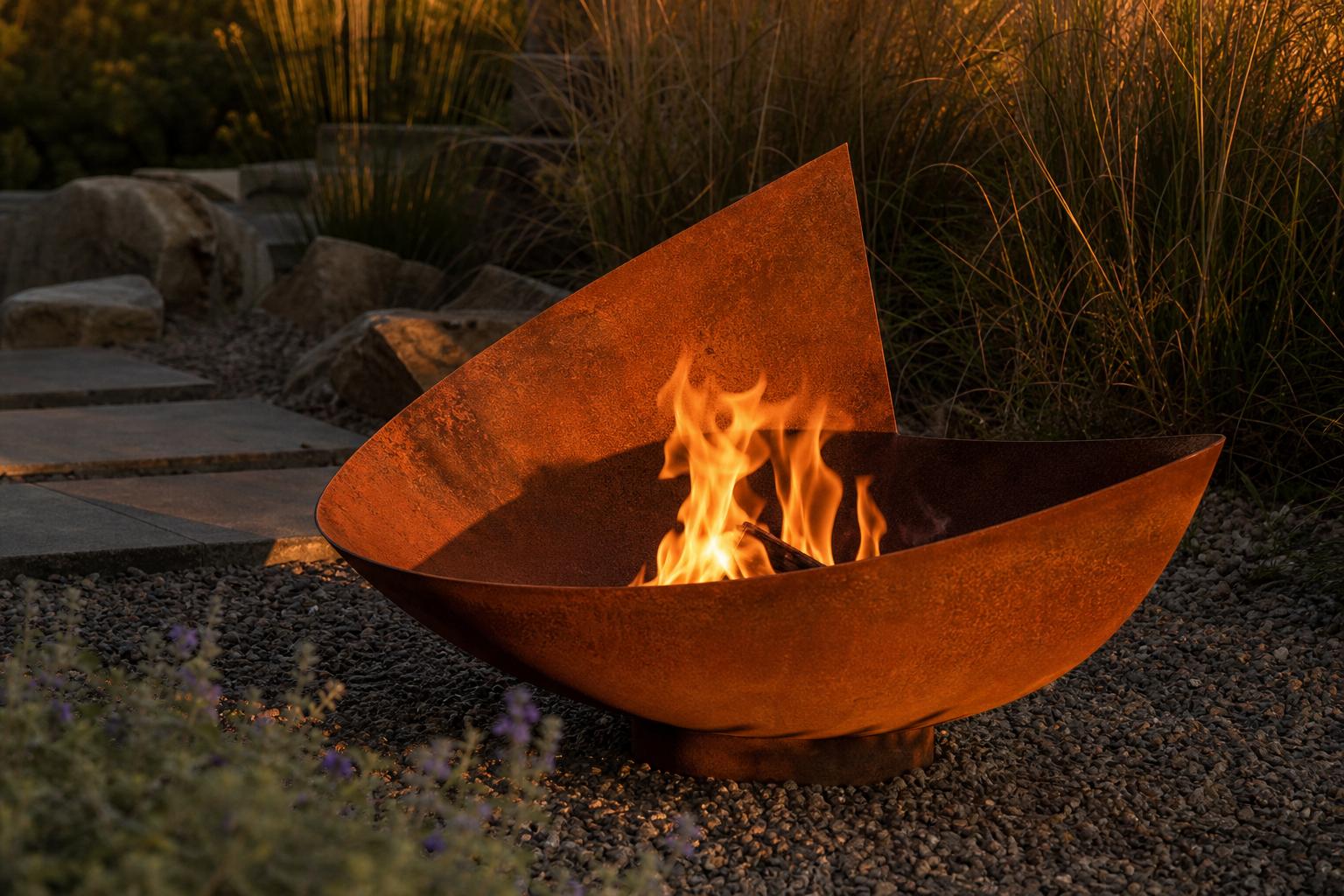 A modern, rust-colored metal fire pit with flames burning inside, set on gravel near stone pavers and tall ornamental grass.