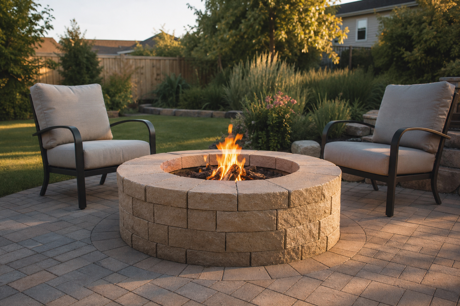 Two cushioned patio chairs face a stone fire pit with a burning fire, set on a paved area in a landscaped backyard.