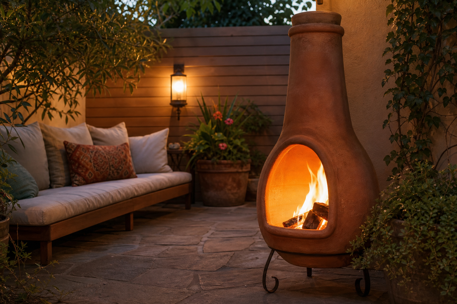 A clay outdoor fireplace with a burning fire stands on a stone patio near a cushioned bench, potted plants, and a lit wall lantern in a cozy backyard setting.