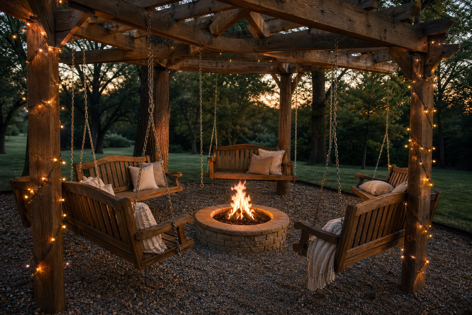 A pergola with four wooden swing benches surrounds a stone fire pit, with string lights and cushions, set in a grassy outdoor area at sunset.