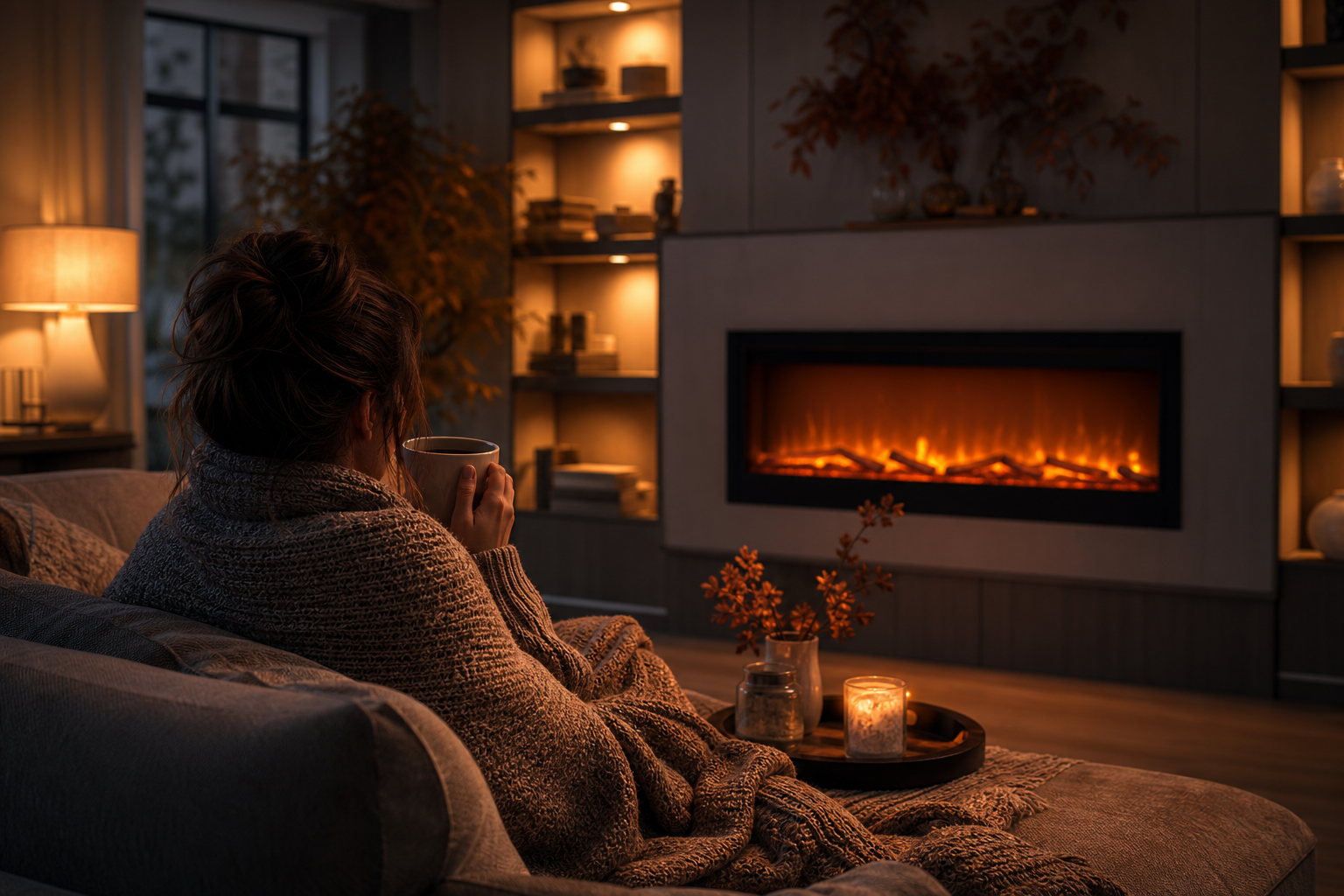 Cozy autumn evening, a person wrapped in a knit blanket on a sofa facing a glowing electric fireplace feature wall with a mug of tea
