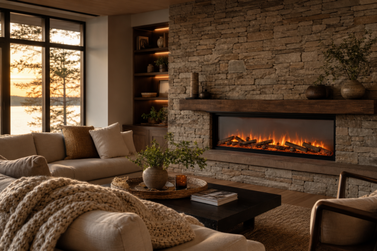 Cozy modern living room with a floor-to-ceiling stacked stone electric fireplace wall glowing warm in golden-hour light