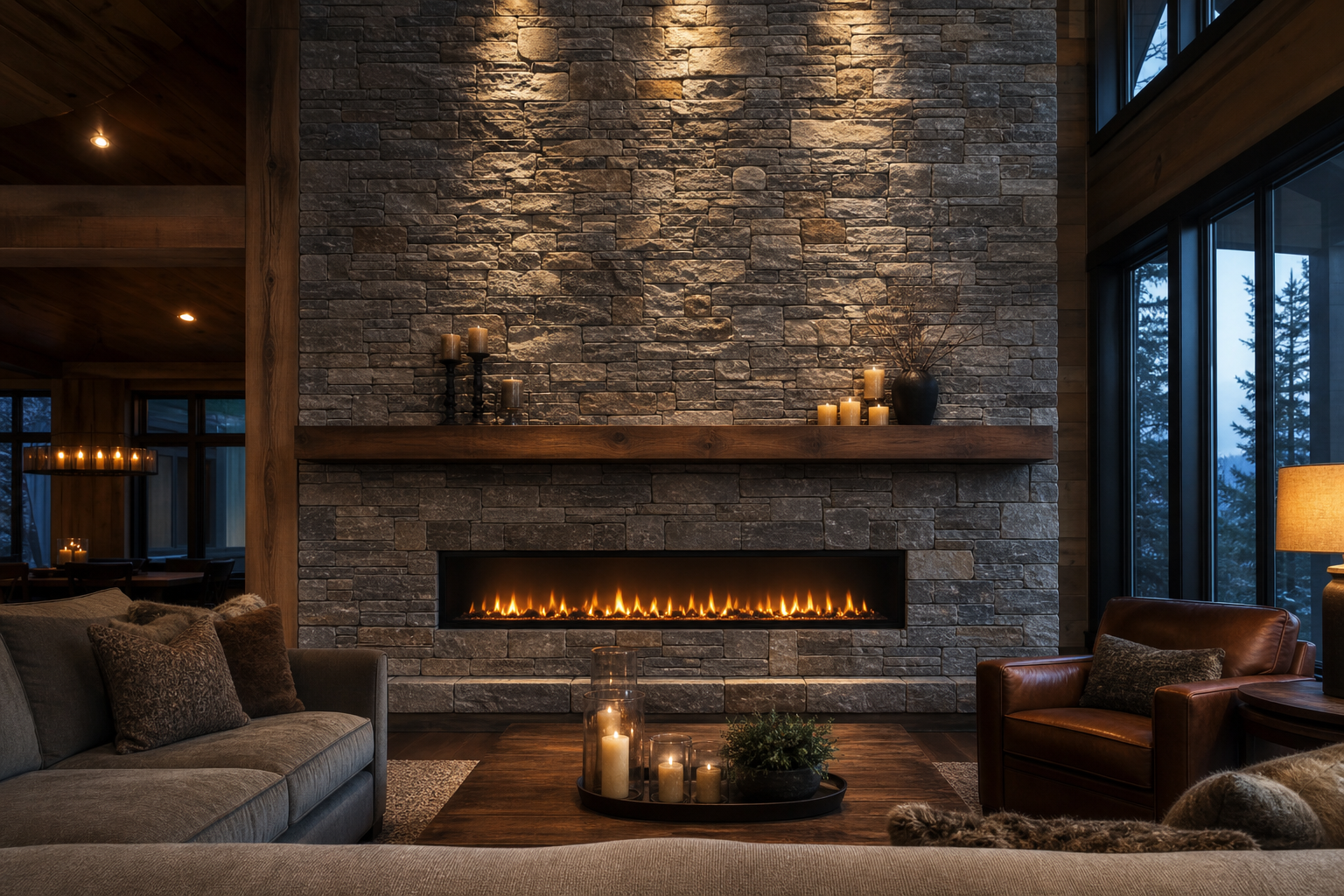 Floor-to-ceiling dry-stacked stone fireplace wall with a linear electric fireplace and wood mantel in a mountain-lodge living room