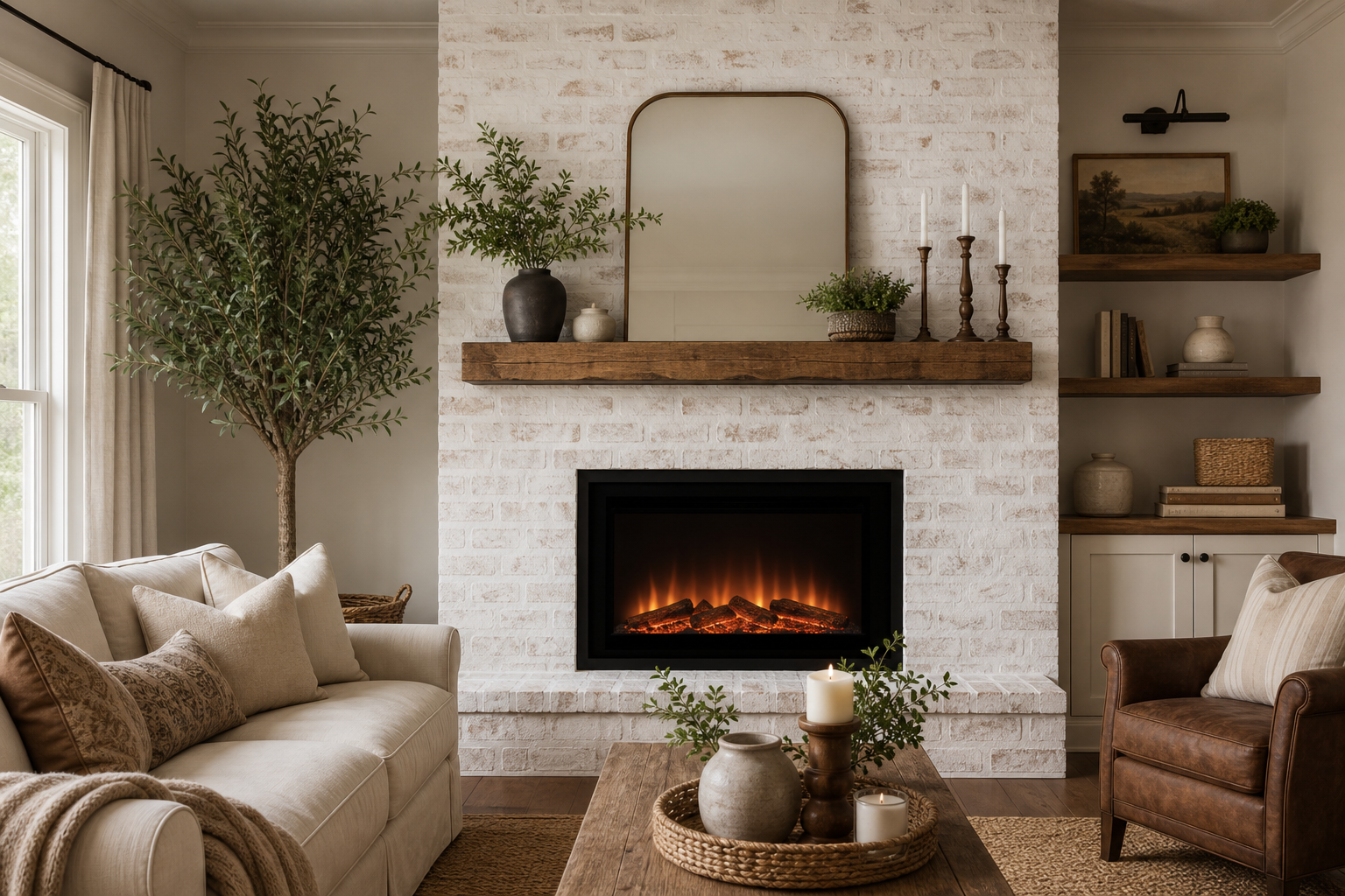 Whitewashed painted brick fireplace accent wall with an electric insert and reclaimed-wood mantel in a bright farmhouse living room
