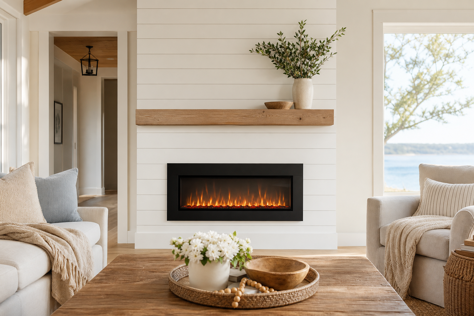 Crisp white horizontal shiplap fireplace wall with a black-framed electric fireplace in a bright coastal-farmhouse living room
