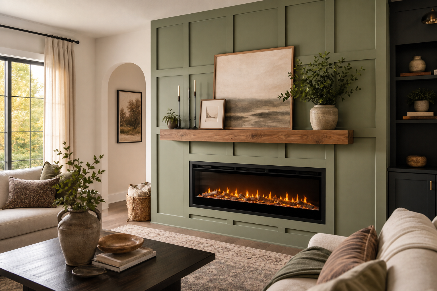 Sage-green board-and-batten grid molding fireplace accent wall with a recessed electric fireplace in a transitional living room