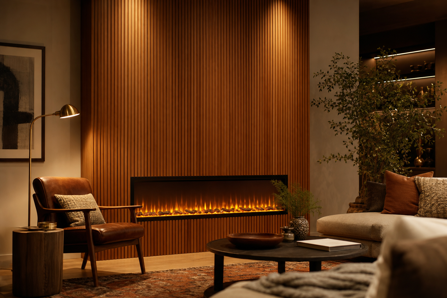 Warm vertical wood slat fluted panel fireplace feature wall with a long linear electric fireplace in a mid-century modern living room