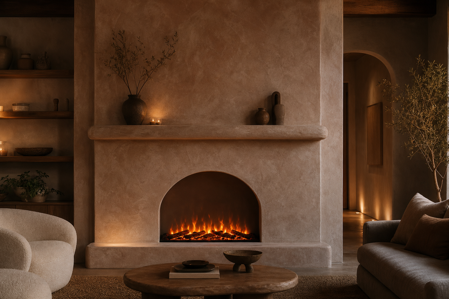 Moody terracotta-taupe limewash Roman clay plaster fireplace wall with an arched electric fireplace niche in a boho-modern living room
