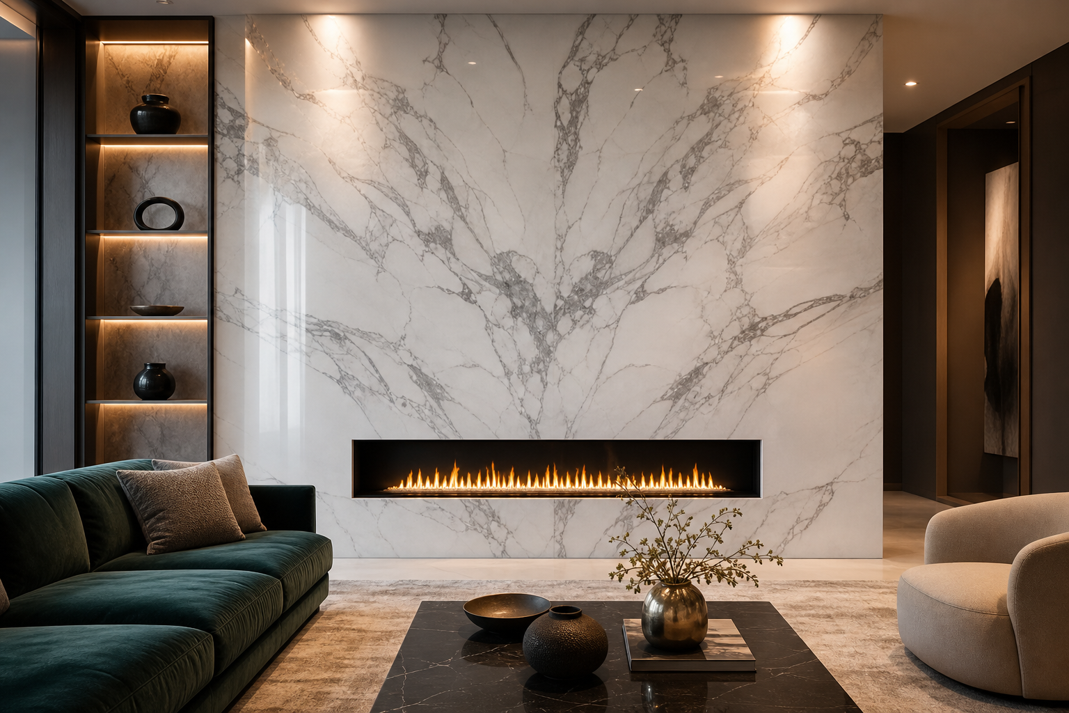 Floor-to-ceiling white marble slab fireplace wall with dramatic grey veining and a sleek frameless linear electric fireplace