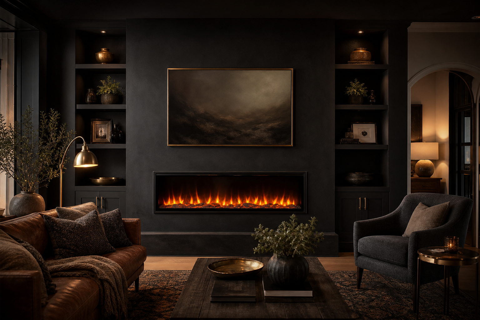 Moody charcoal near-black painted fireplace accent wall with a wall-mounted linear electric fireplace and warm lamp light