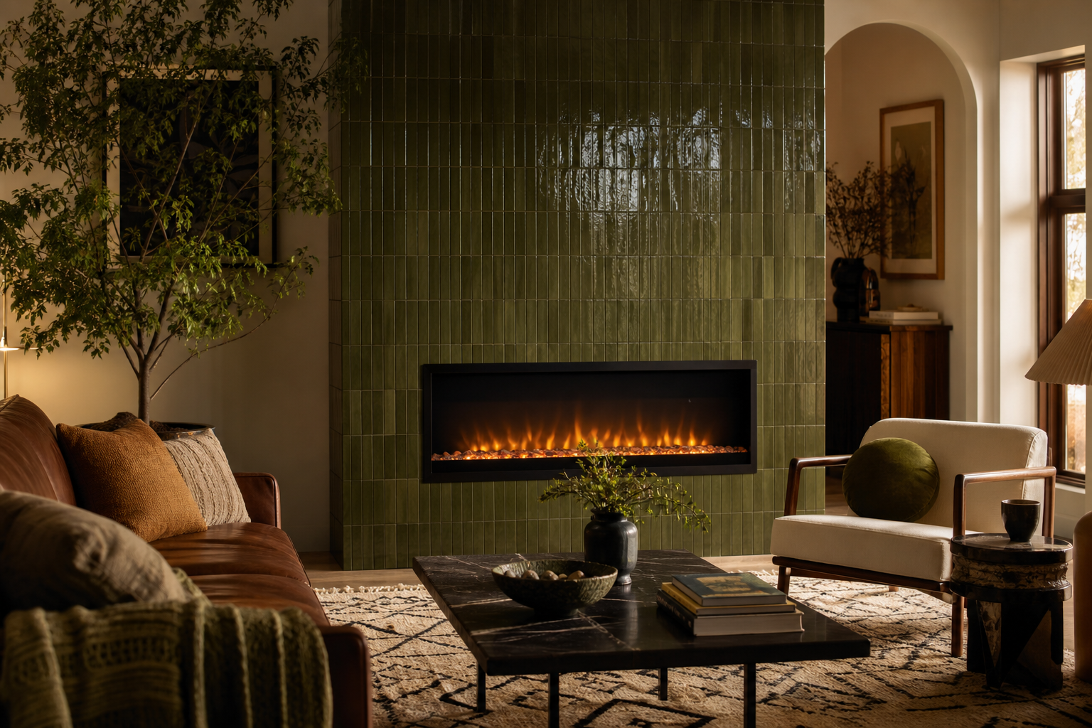 Handmade glossy zellige tile fireplace wall in warm green, vertically stacked, with an electric fireplace in an eclectic modern living room