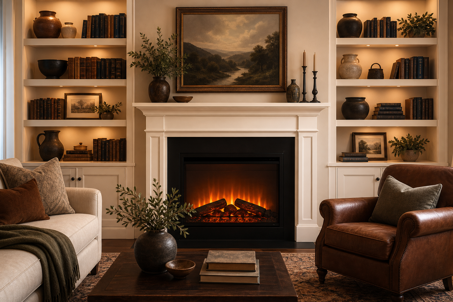 Electric fireplace flanked by symmetrical white built-in bookshelves styled with books and pottery in a classic cozy living room