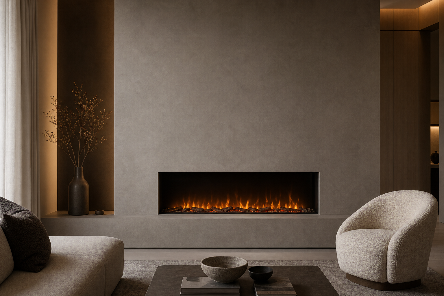 Smooth warm-grey microcement concrete fireplace feature wall with a frameless recessed electric fireplace in a minimalist living room