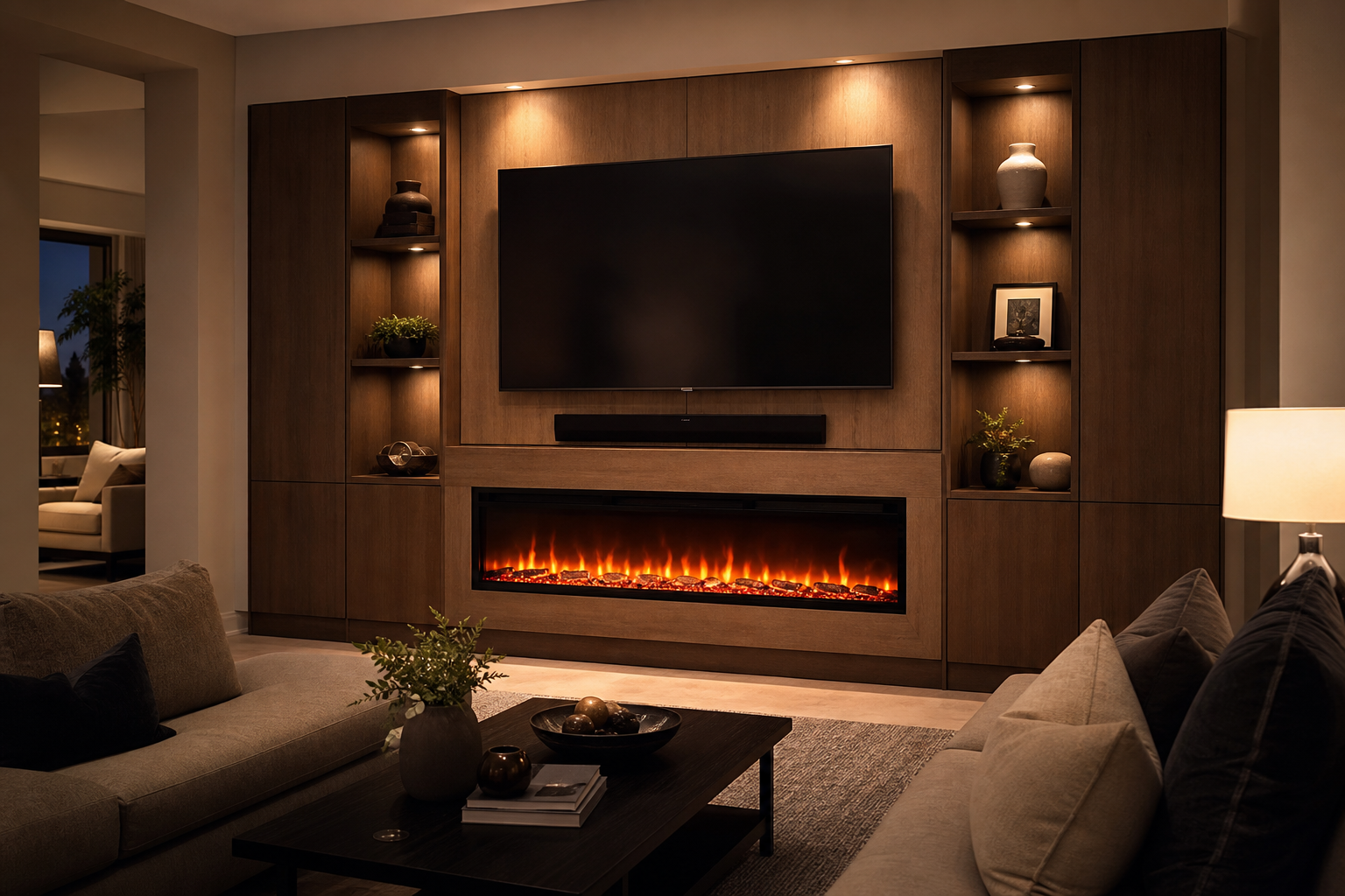 Modern media wall with a large electric fireplace insert below a mounted TV and integrated warm-wood cabinetry with hidden storage