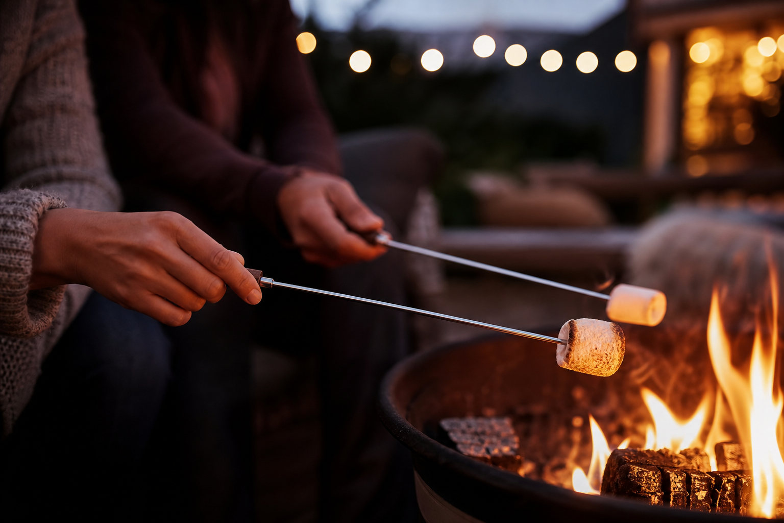 Hands roasting marshmallows on skewers over fire pit flames at dusk