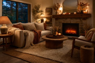 Cozy fall living room at dusk with a glowing fireplace, rust and cream knit throws on a linen sofa, and candles on the mantel