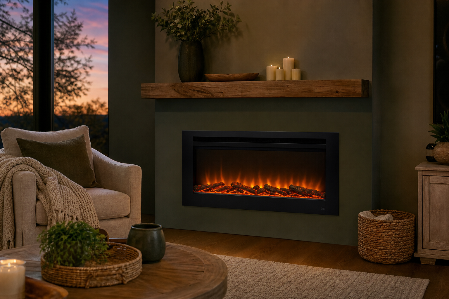 Living room with a glowing electric fireplace in a feature wall, candles on the mantel and an armchair with a knit throw