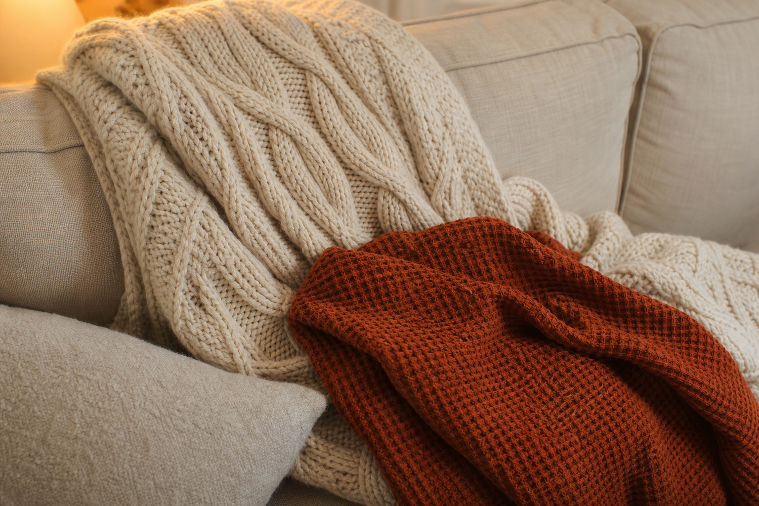 Linen sofa layered with a chunky cream cable-knit throw and a rust waffle blanket