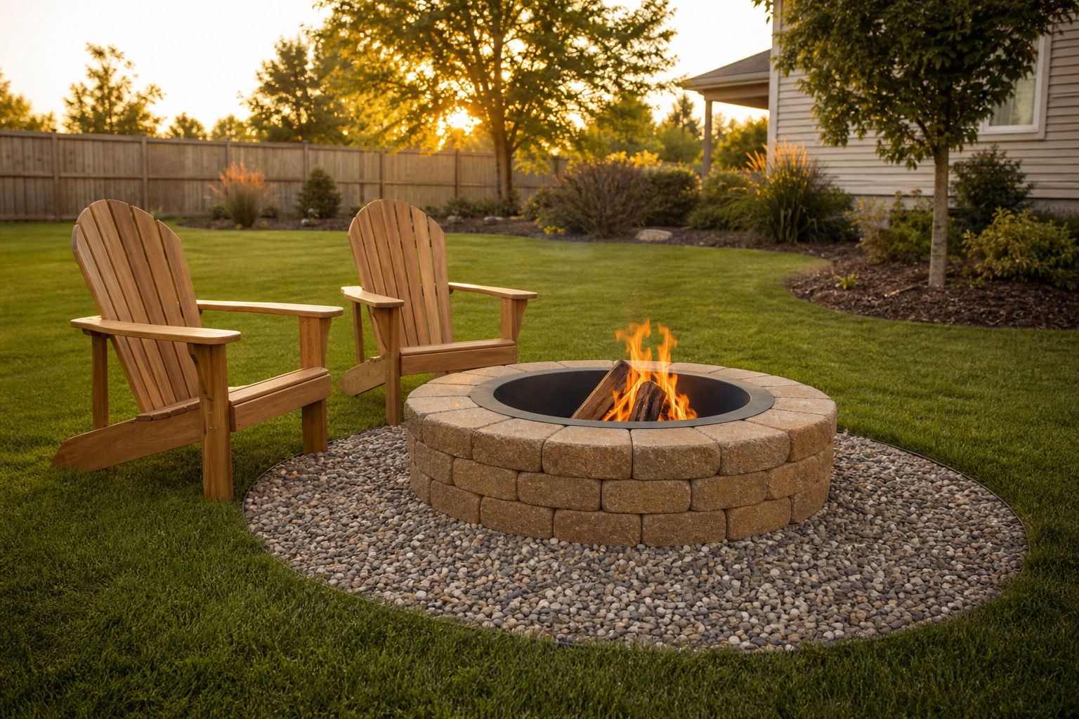 Round paver block fire pit on a gravel pad with two Adirondack chairs