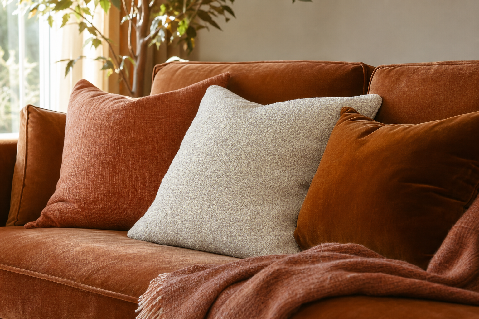 Sofa styled with terracotta velvet, rust linen and cream boucle pillows for fall