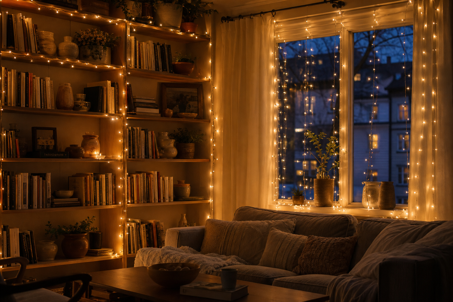 Bookshelf and window draped with warm-white string lights glowing at dusk