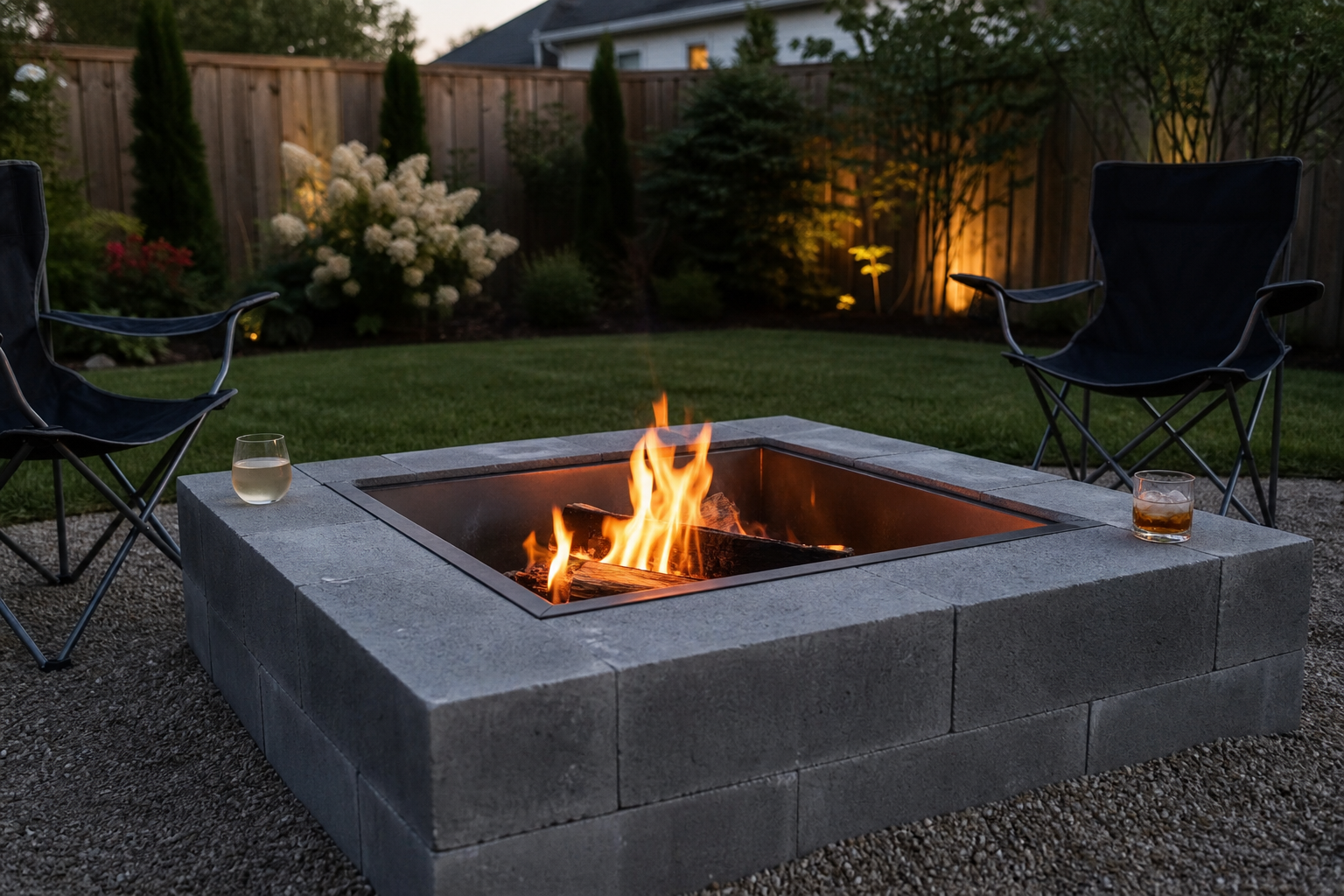 Square cinder block fire pit with steel liner and small fire, camp chairs beside it