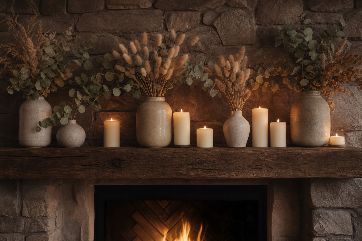 Fireplace mantel dressed for fall with dried grasses in stoneware vases and lit cream pillar candles