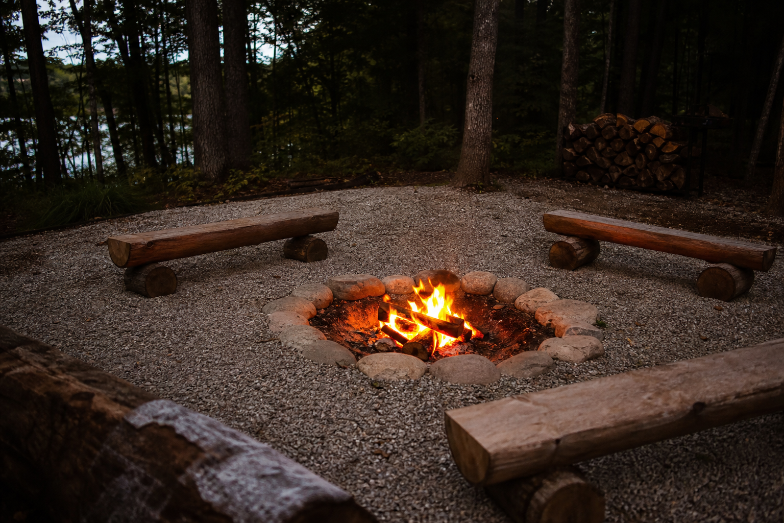 In-ground campfire ring edged with fieldstone, gravel apron and log bench seating at dusk