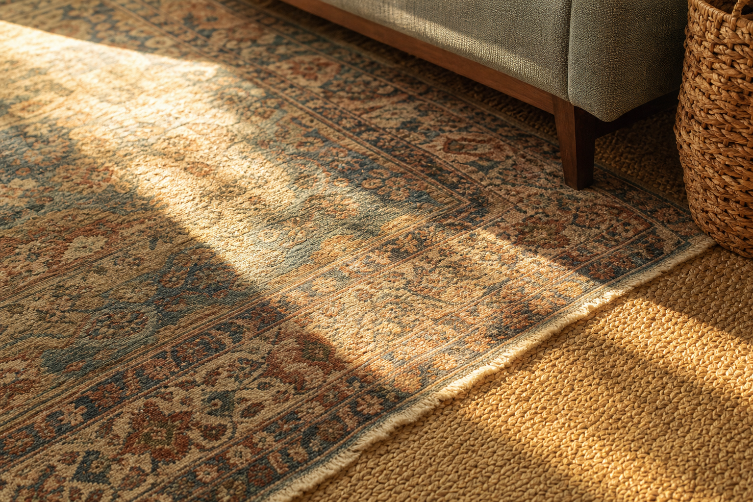 Patterned wool rug layered over a woven jute rug with a basket at the edge