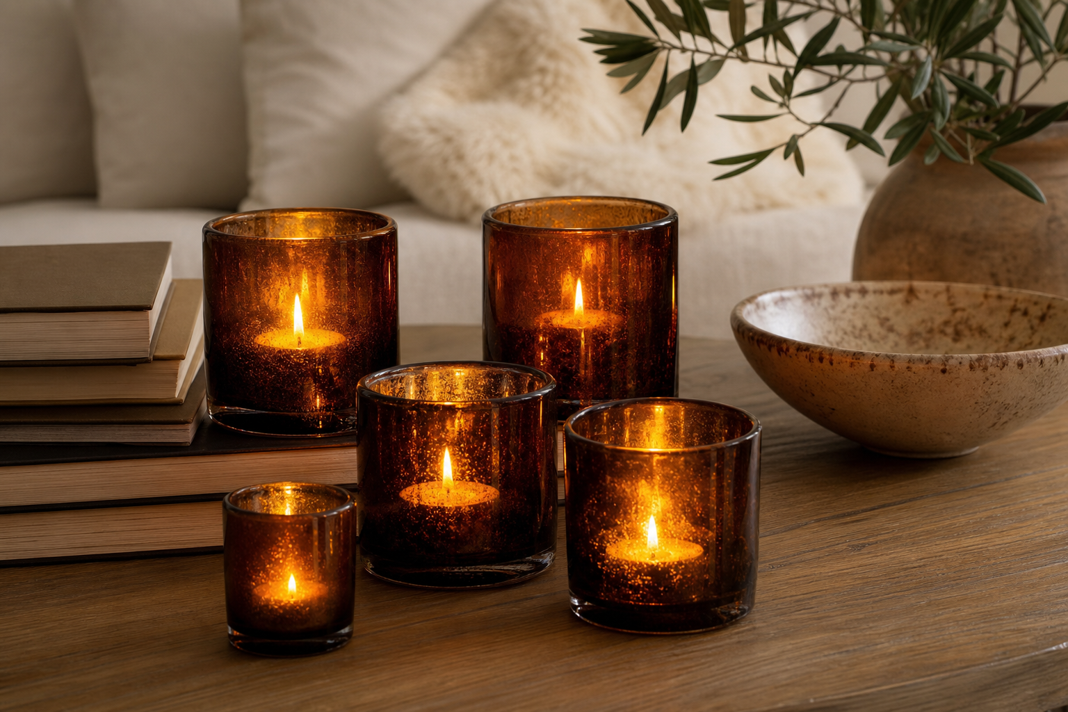 Cluster of amber glass candle holders with lit tealights on a coffee table