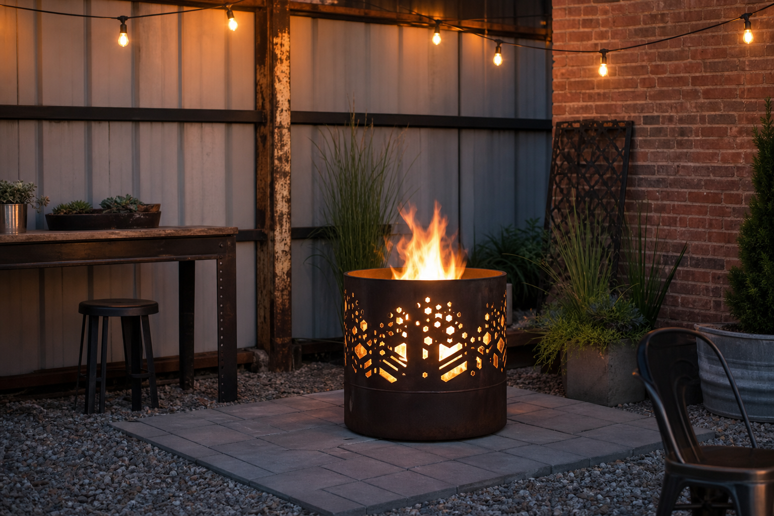 Repurposed steel drum fire pit glowing through decorative cut-outs on a paver pad