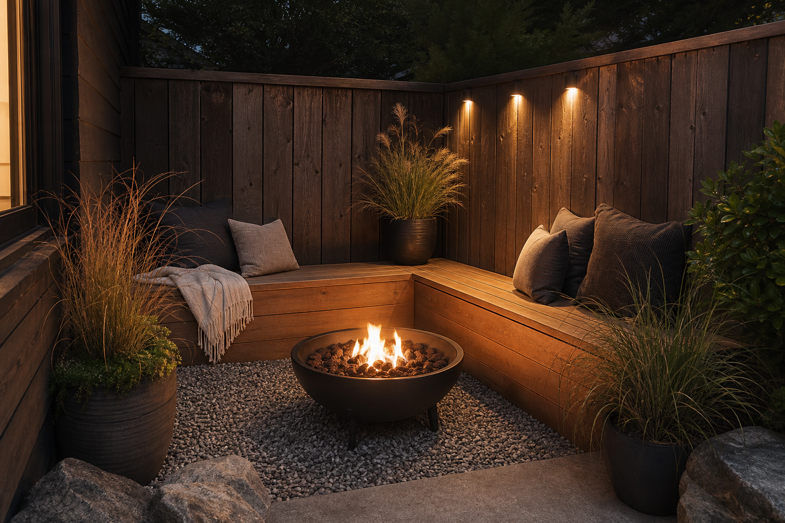 Compact corner fire nook with built-in bench along a timber fence and small fire bowl