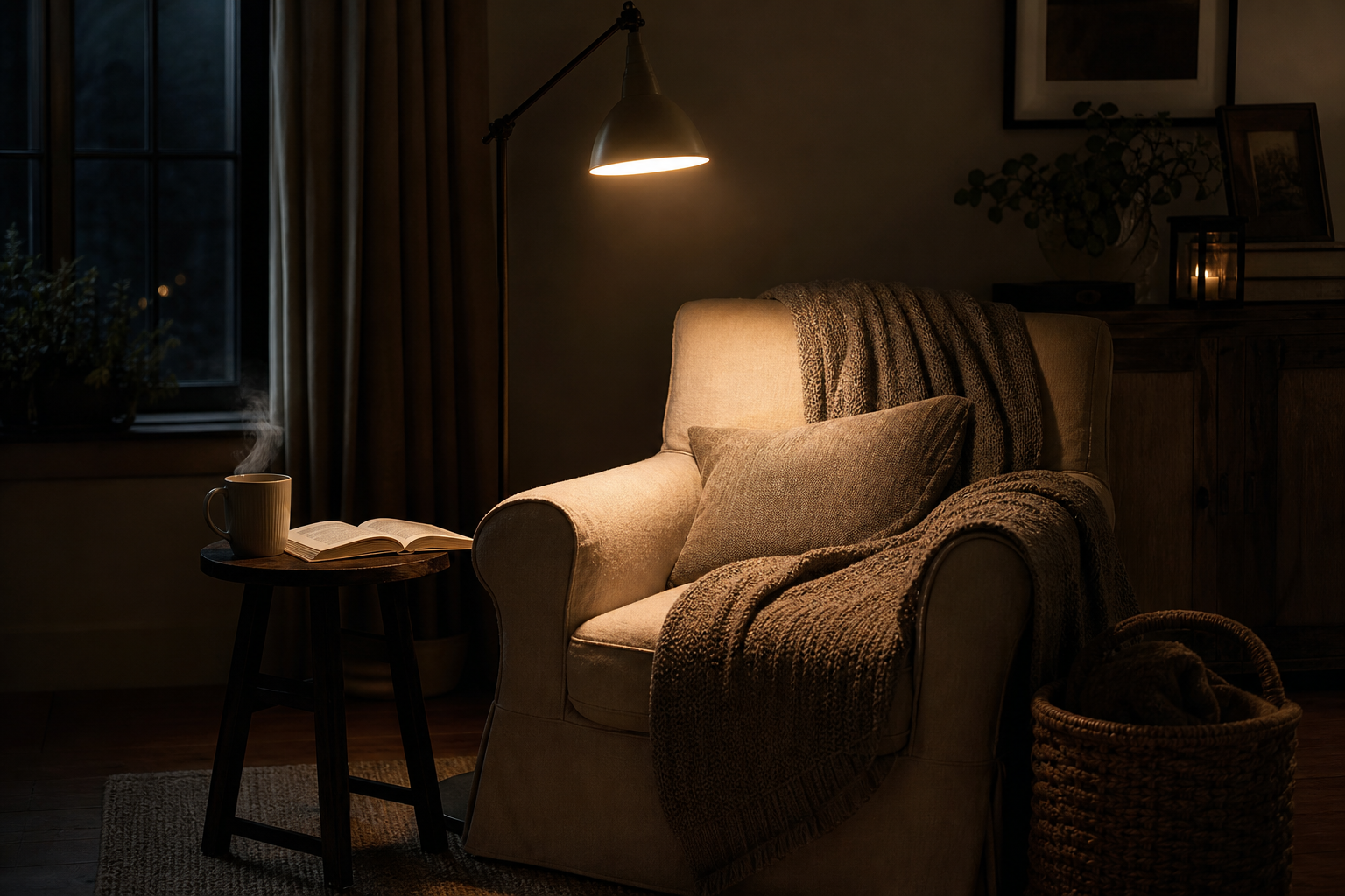 Reading nook with an armchair, knit throw and floor lamp casting warm light over a mug and book