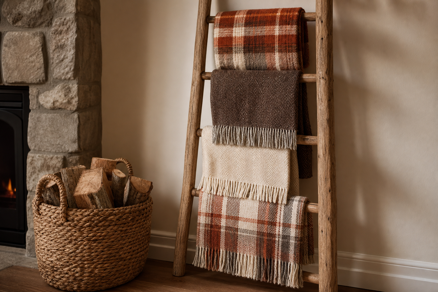 Wooden blanket ladder holding folded plaid throws in rust, brown and cream