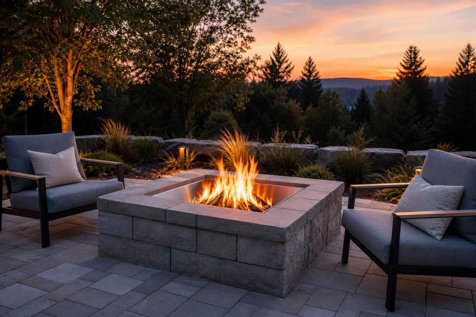 Stone block fire pit surround with stainless smokeless insert and tall clean flame