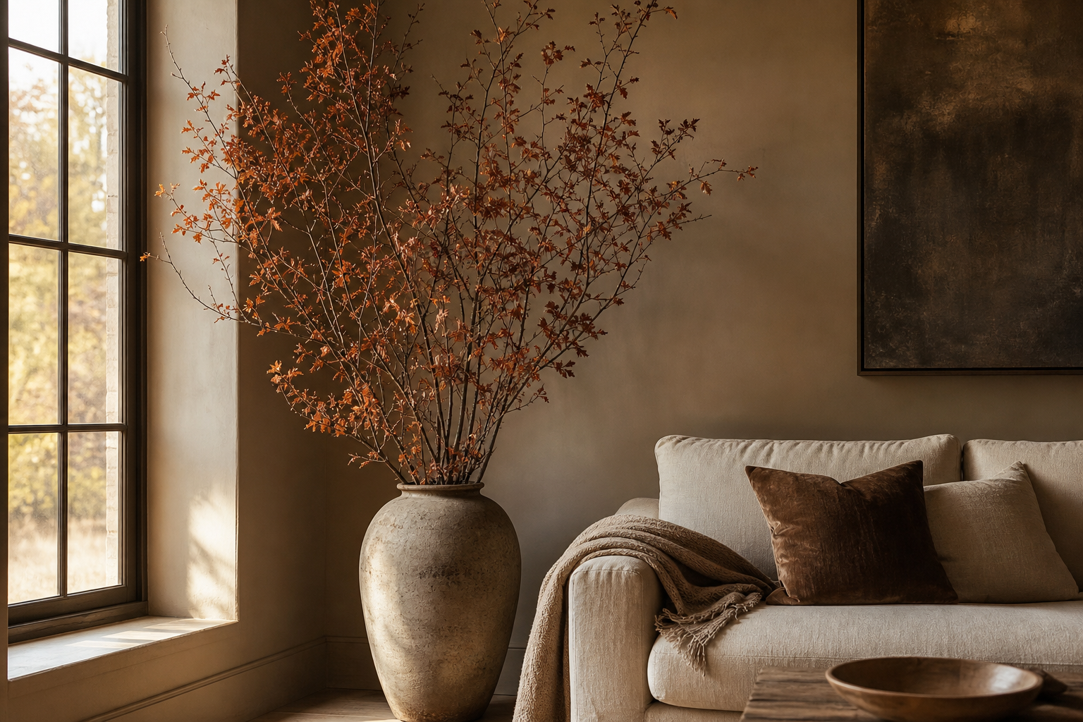 Tall foraged autumn branches with copper leaves in a stoneware floor vase