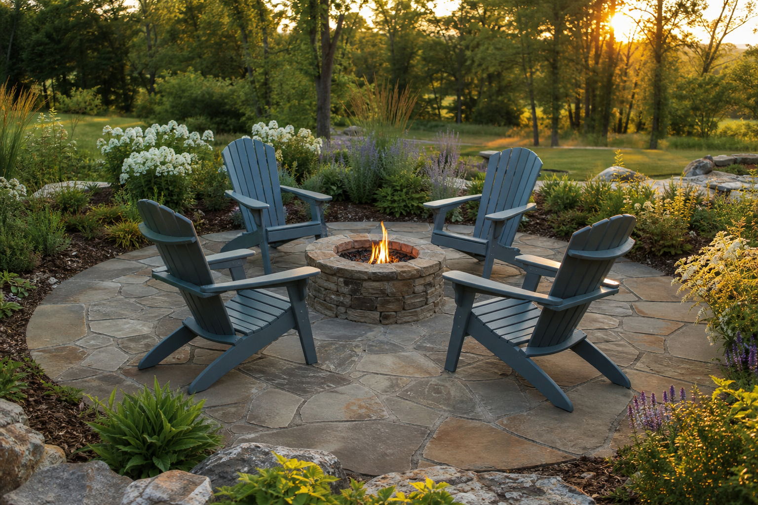 Flagstone circle patio with low stone fire pit and four Adirondack chairs at golden hour
