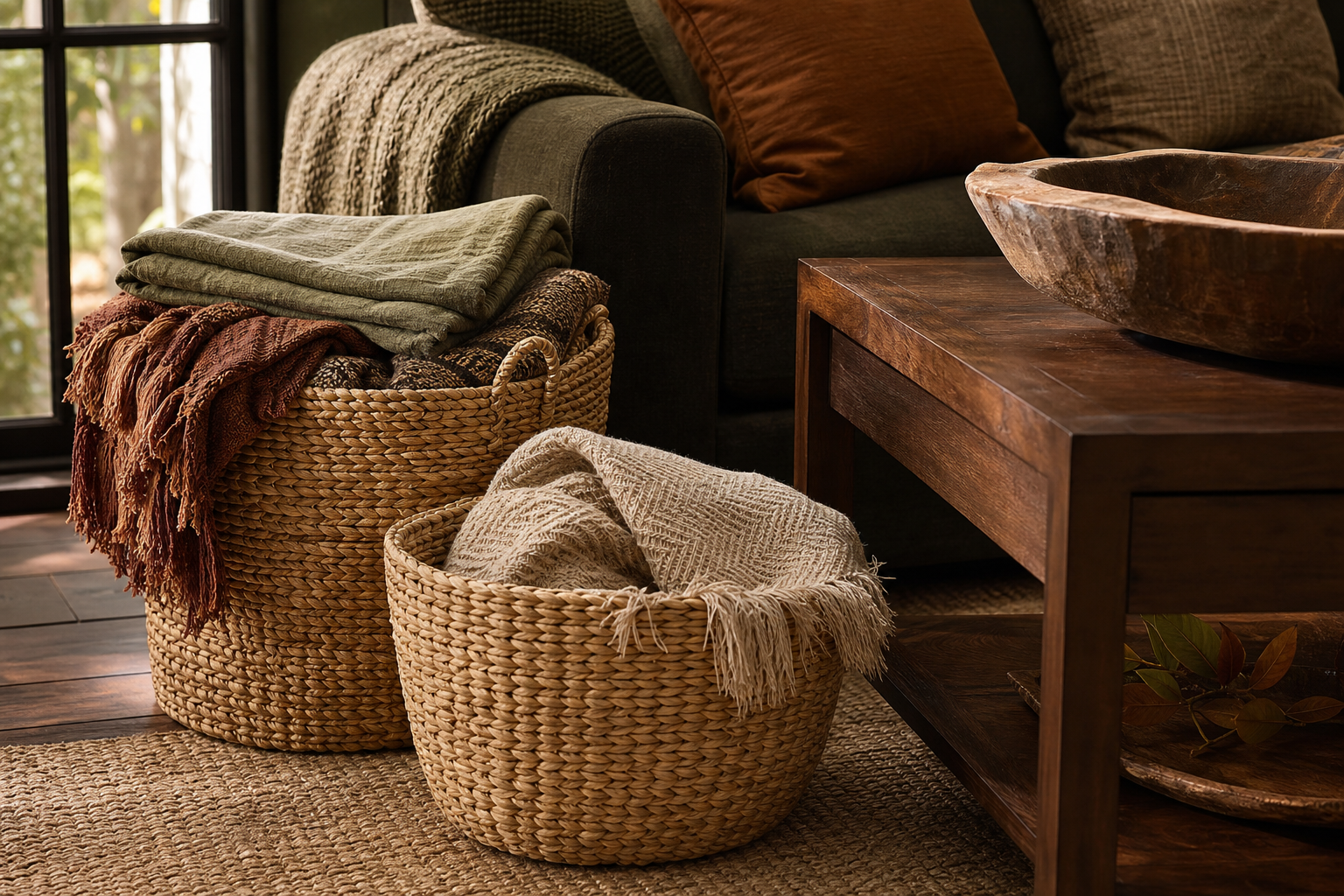 Woven seagrass baskets holding throws beside a walnut side table with a wooden bowl