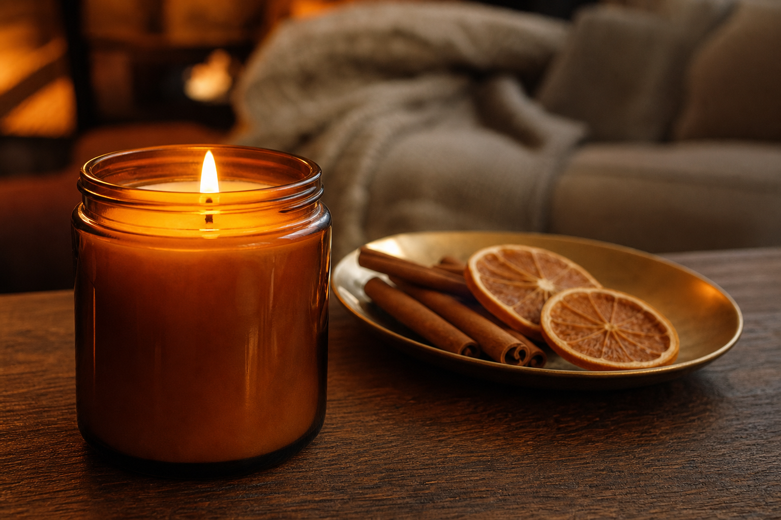 Lit soy candle in an amber jar beside a brass tray of cinnamon sticks and dried orange slices