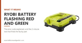RYOBI 40V lithium-ion rapid charger, illustrating a guide to what red and green flashing lights mean and how to fix them
