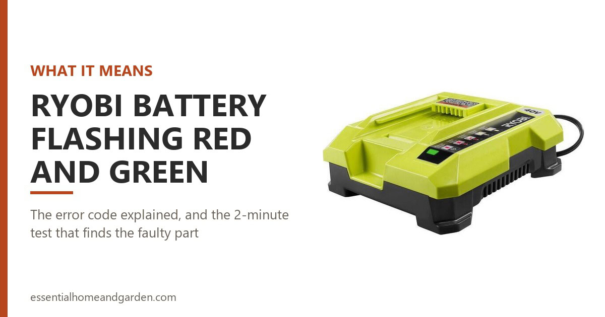 RYOBI 40V lithium-ion rapid charger, illustrating a guide to what red and green flashing lights mean and how to fix them